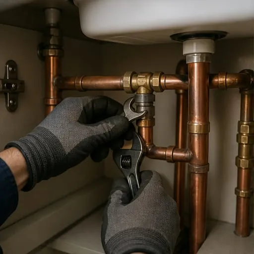 A plumbing professional working on pipework